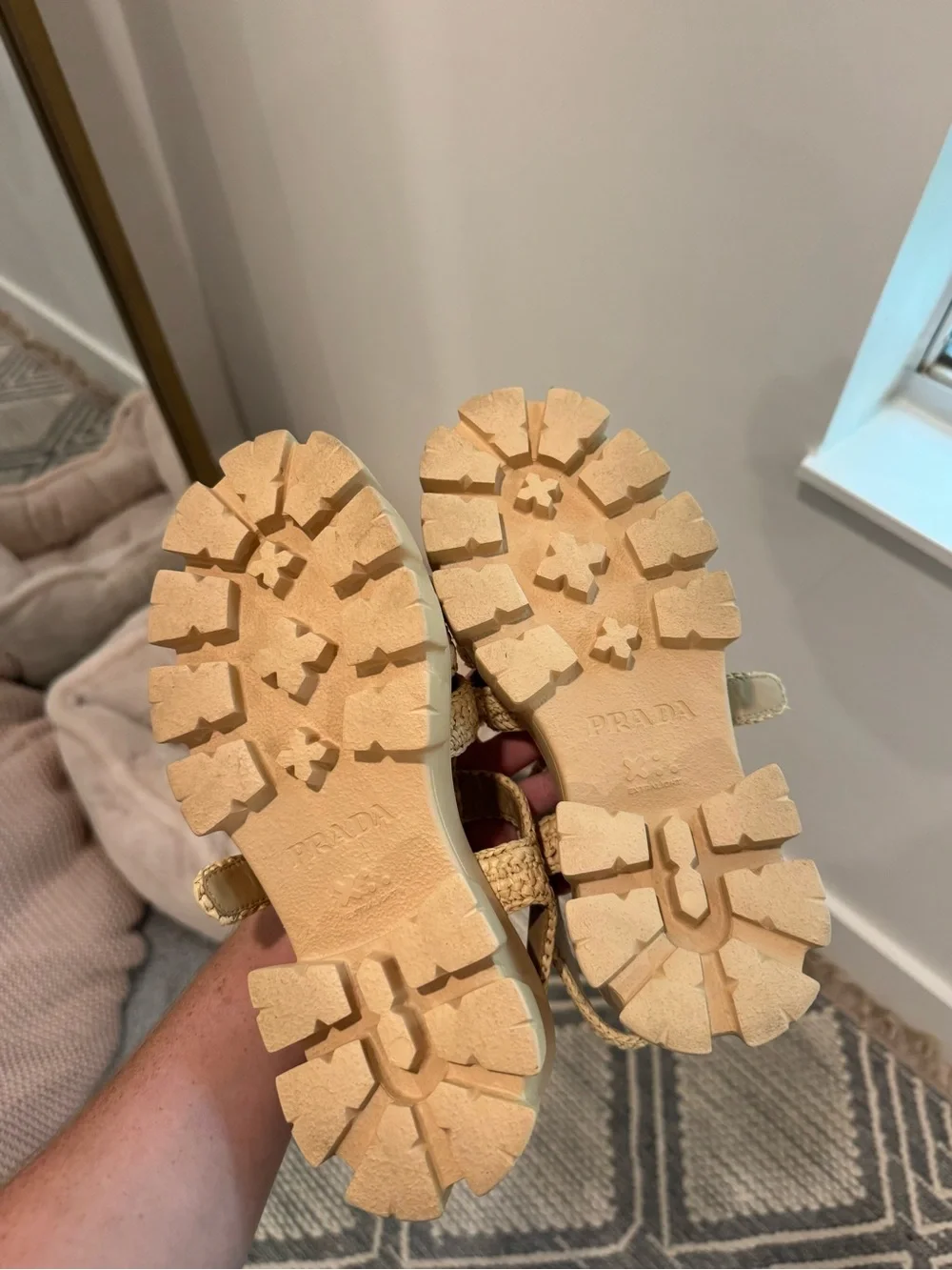 Prada Woven Beige Fisherman Sandals with Gold Hardware